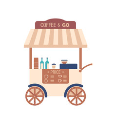 Wheeled Coffee Booth in Retro Style With Apron, Compact, Mobile Design For Outdoor Events And Festivals, Illustration