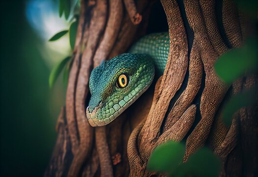 A green racer snake hiding in a tree. Generative AI