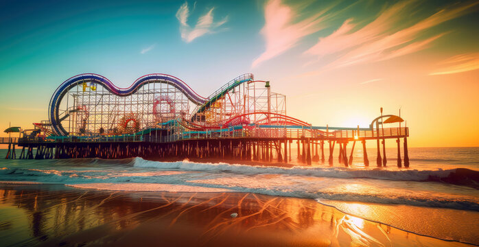 Fototapeta An amusement park on a pier by the ocean at sunset by generative AI
