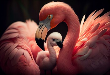 a pink flamingo holding a baby flamingo in its beak and wings. Generative AI