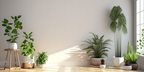 House plants against a white wall mockup, group of fresh green home plants, creates healthy microclimate, air purifying, generative ai image