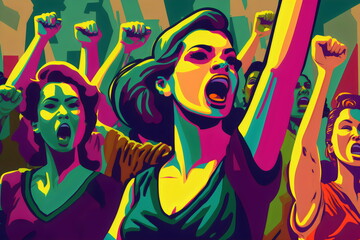 painting of young women with protesting woman yelling in foreground, generative ai