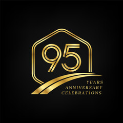 95 years anniversary. Lined gold hexagon and curving anniversary template.