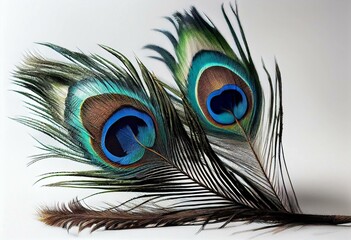 Obraz premium two peacock feathers with a white background and a blue and green tail feathers are shown in the foreground of the image and the background is white backdrop of the image with a white. Generative AI
