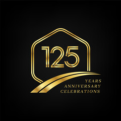 125 years anniversary. Lined gold hexagon and curving anniversary template.