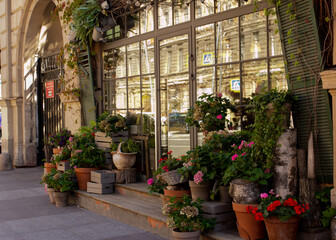 Floral shop with big windows in old city with bunch of flowers on the street