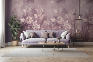 Purple beige hardwood living room mockup. Parquet, rattan, fabric sofa, wallpaper. Farmhouse decor,. Generative AI