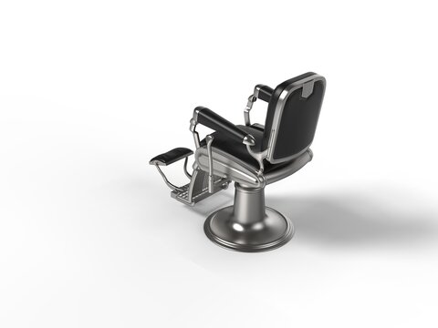 Vintage barber shop arm chair iron polish chrome with black leather isolated on white background 3d rendering image left back isometric side view