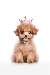 Adorable Apricot Toy Poodle Puppy with a Princess Crown - A Cuddly Mini Pet Dog for Your Little One. Generative AI