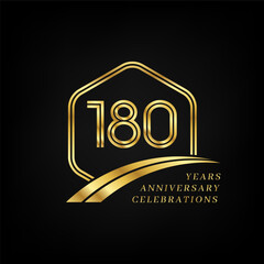 180 years anniversary. Lined gold hexagon and curving anniversary template.