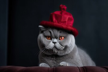 Crowning Grey Cat: Scottish Fold in a Red Hat with Ample Copy Space. Generative AI
