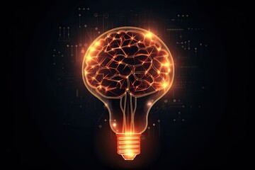 Innovation Power: Human Brain Illuminated by Electric Light Bulb Infographic Illustration: Generative AI