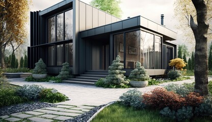 Modern house with amazing and perfect garden which can be the envy of all neighbors, Generative AI Technology 