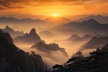Vibrant Orange Sunrise over the Majestic Huangshan Mountains: A Generative Landscape of Nature's Beauty: Generative AI