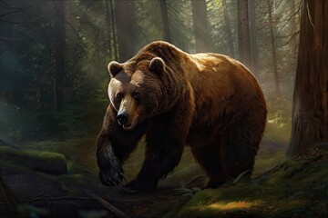 Obraz na płótnie Canvas Wild Beast of Alaska: Big Brown Furry Grizzly Bear Walks Through Wilderness in Search of Prey - Illustration by Generative AI