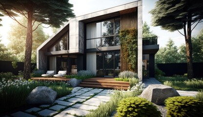 Modern house with amazing and perfect garden which can be the envy of all neighbors, Generative AI Technology 