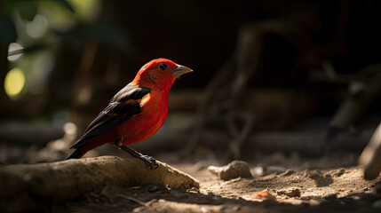 A Scarlet Tanager bird in morning light