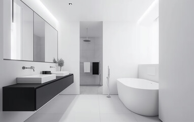 Fototapeta na wymiar A pristine and polished bathroom with contrasting black and white elements for a sophisticated look.