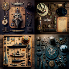 Marine - objects on a wooden table viewed from above - photo collage. Generative AI