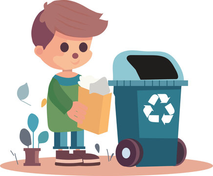 Young Boy Recycling Simple Flat Vector Illustration