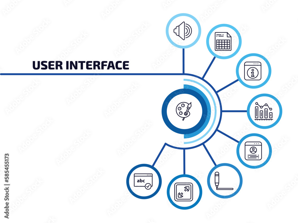 Poster user interface infographic element with outline icons and 9 step or option. user interface icons suc