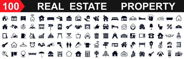 Set 100 Real Estate icons. Realty, property, mortgage, home loan, houses and more, collection real estate sign - vector