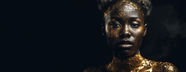 The face of a black woman, golden clothes, golden paint on her face. Illustration of a horizontal banner. AI.