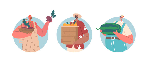 Farmer Characters Holding Watermelon, Orange Fruits And Beet Crop In Hands Isolated Round Icons or Avatars