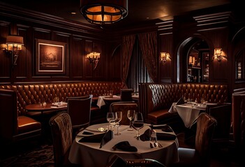 Fototapeta na wymiar A luxurious steakhouse with high ceilings, opulent chandeliers, and plush leather seating, offering a refined dining experience. Generative AI