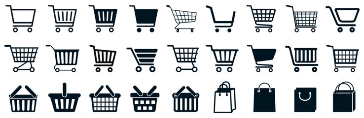 Set shop cart, basket, bag icon, buy and sale symbol. Full and empty shopping cart. Shopping basket bag icon sign – stock vector - obrazy, fototapety, plakaty