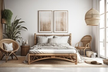 Rattan bed on white scandi backdrop, farmhouse bedroom frame mockup,. Generative AI