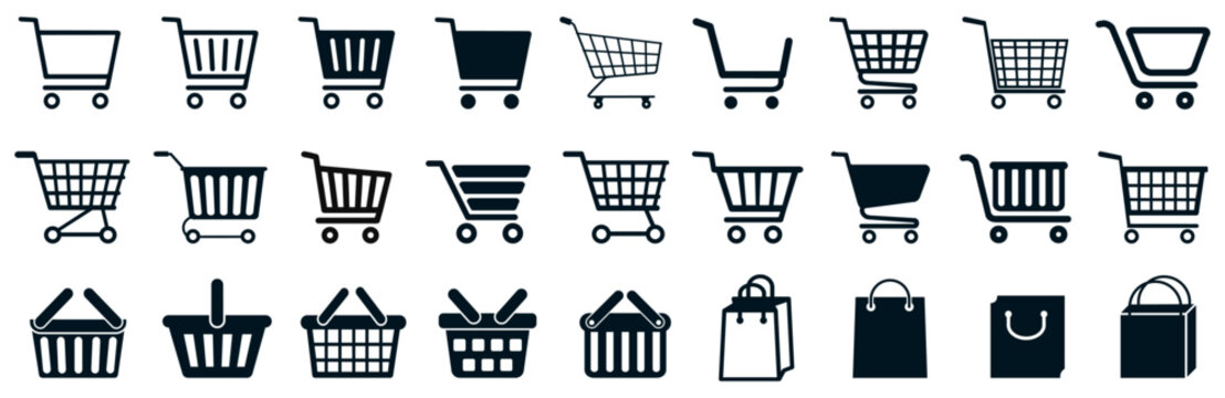 Set shop cart, basket, bag icon, buy and sale symbol. Full and empty shopping cart. Shopping basket bag icon sign – stock vector