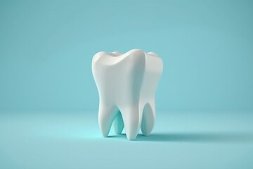 3D realistic white tooth isolated on a blue background. Design element of the concept of dentistry, medicine and health. Generative AI