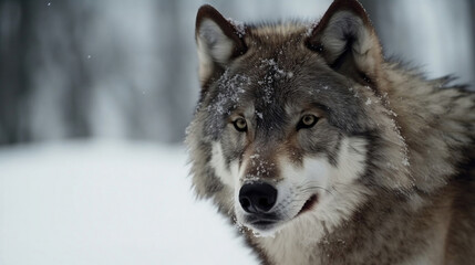 Obraz premium Close up of a wolf with snow background. Animal kingdom concept