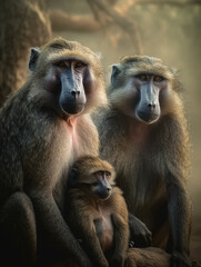 baboon mother with her babies in the park