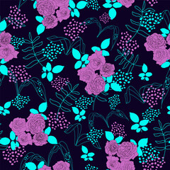 Seamless pattern of bouquets of roses on a dark blue background.