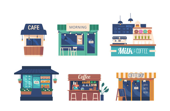 Set of Coffee Houses and Booths With Cozy Seating And Wooden Decor With A Laid-back Atmosphere Cartoon Illustration