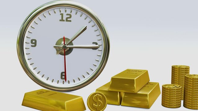 Animated 3d wall clock, coins and gold bars. 4k videos. Illustration of time and wealth