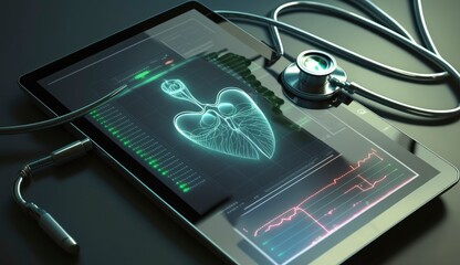 Close up of a stethoscope and digital tablet with virtual electronic medical record of patient on interface. Digital healthcare and network on modern virtual screen, Generate Ai