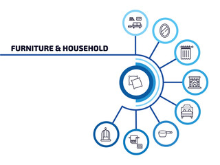 furniture & household infographic element with outline icons and 9 step or option. furniture & household icons such as pillows, livingroom, shower curtain, fireplace, headboard, small saucepan,