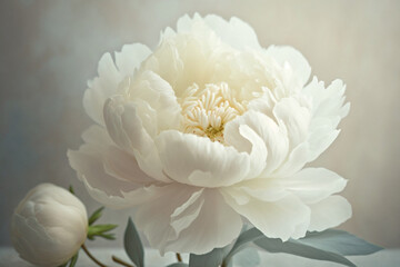 Beautiful white peony flowers on light background, closeup view, spring season, Generative AI