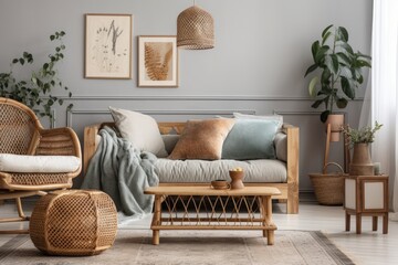 Contemporary boho home design with gray couch, rattan armchair, wooden cube, plaid, cushion, flowers in vase, vintage footrest, and stylish accessories. Interior design. Template. Generative AI