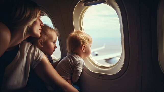 Traveling via plane with a mother and her children, family travel, Generative AI
