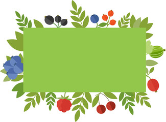 Rectangular horizontal banner in green color with berries and leaves in flat