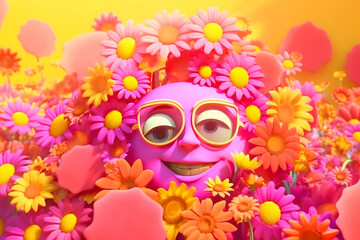 Mental health day, smiling and laughing emoticon flower sun. AI generated.