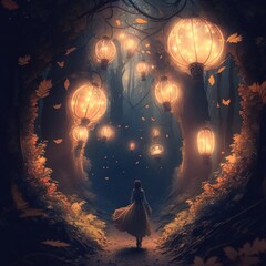 Generative ai of magical fairy forest with lanterns