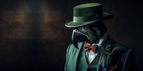 Green parrot gentleman and boss in a hat, suit and tie. Banner header. AI generated.