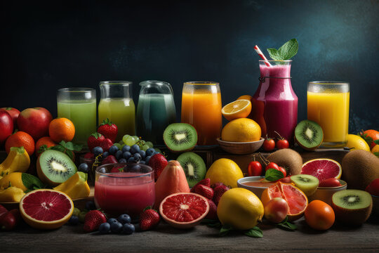 Panoramic food background with assortment of fresh fruits and vegetables juices in rainbow colors on the table Generative AI