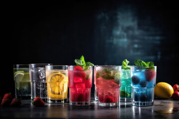  Set of multicolored summer drinks. Mojito, lemonade, berry, strawberry lemonade or cocktail with iced Generative AI