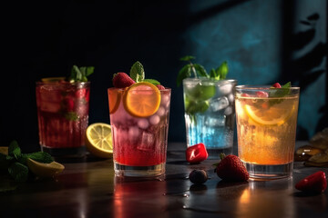 Fototapeta na wymiar Set of multicolored summer drinks. Mojito, lemonade, berry, strawberry lemonade or cocktail with iced Generative AI
